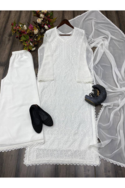 MYSMAR White Faux Georgette Kameez Salwar Dupatta - HRT2612 | White