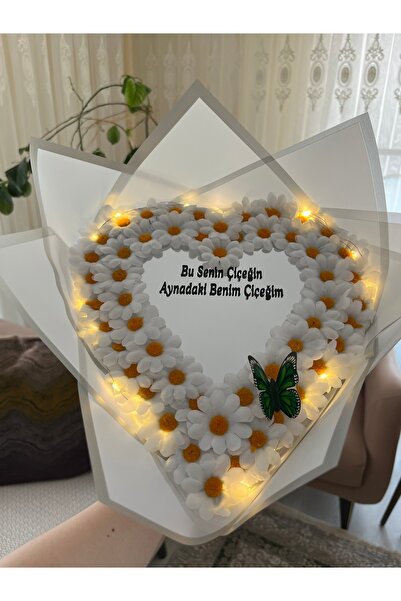 Hayalince Kişiye Özel Solmayan Kalpli Ledli Aynalı Papatya Buketi