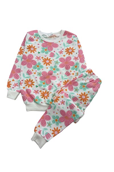 Şekerkids Girl's Two Thread Sha Fleece-Lined White Color Flower Pattern Long Sleeve Pajamas Set