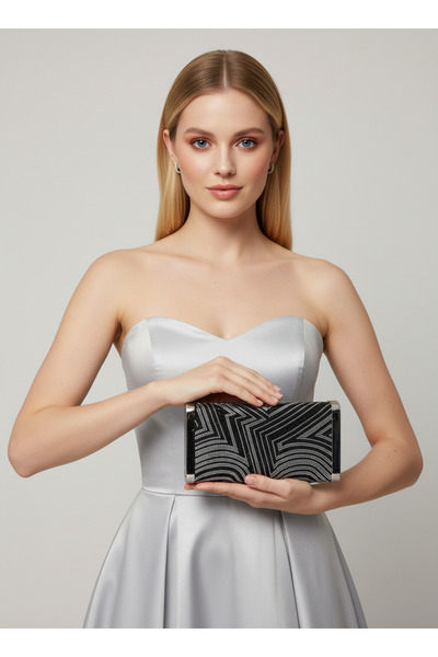 Biçanta Black Silver Detailed Full Crystal Stone and Metal Frame and Evening Dress Bag Wedding Engagement Graduation