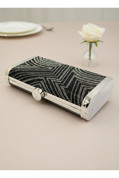 Biçanta Black Platinum Full Crystal Stone and Metal Frame and Evening Dress Bag Wedding Engagement Graduation