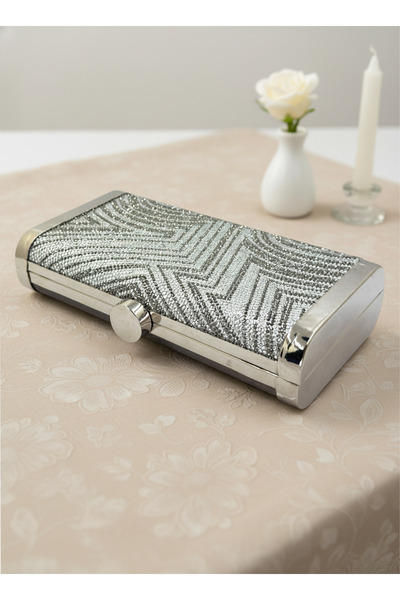 Biçanta Silver Platinum Full Crystal Stone and Metal Frame and Evening Dress Bag Wedding Engagement Graduation