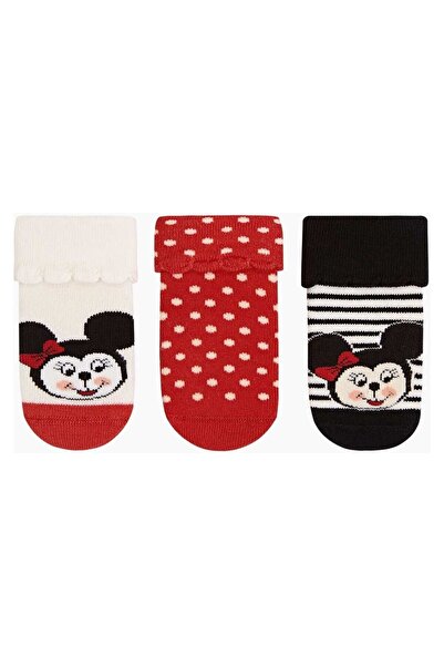 3'lü Paket Minnie Desenli Taban Altı Kaydırmaz Baskılı Havlu Bebek Çorabı