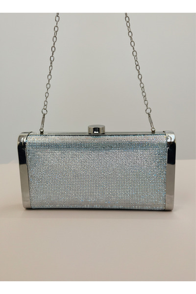 Biçanta Silver Janjan Full Crystal Stone and Metal Frame and Evening Dress Bag Wedding Engagement Graduation