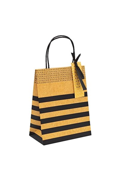 OEM Pungă cadou, bej cu dungi negre, 18x10x23 cm, hârtie, mâner negru și fundă