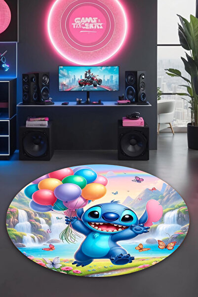 Reyhani stich-21 Desenli Kaymaz Taban Makinede Yıkanabilir Çocuk Gamıng Halıs...