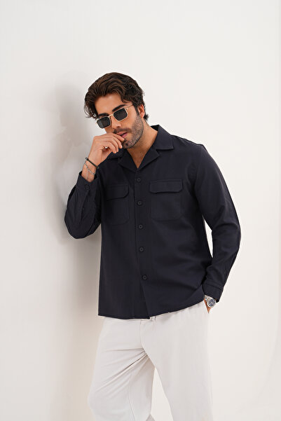 Catto Peak Men's Relax Fit Long Sleeve Cotton Double Pocket Flap Plain Pattern Dark Navy Blue Transitional Shirt