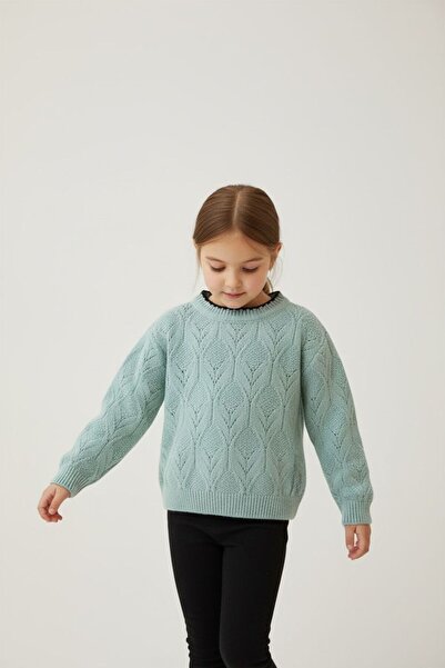 morbella Openwork Knit Leaf Patterned Crew Neck Cotton Blend Children's Knitw...