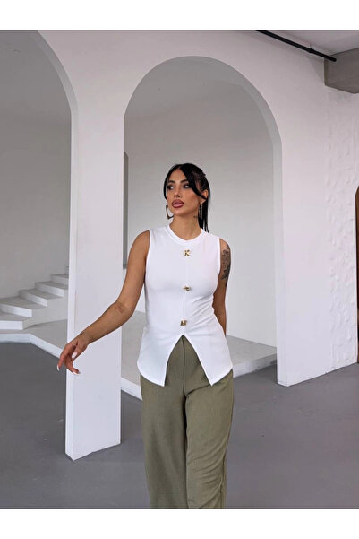 ZENGEZUR MALL Lvsqvr Women's White Crew Neck Gold Buttoned Ottoman Blouse S2310 (232407) (Size: S)