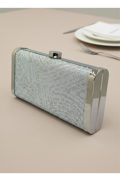 Biçanta Silver Janjan Full Crystal Stone and Metal Frame and Evening Dress Bag Wedding Engagement Graduation