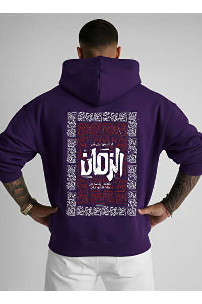 LORVEX سويت شيرت قصة فضفاضة للجنسين بغطاء رأس قطن 100% ظهر عربي مطبوع