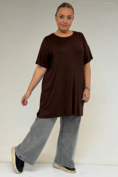 Eslina 58507 Large Size Collar Piped Combed Cotton T-Shirt - Brown