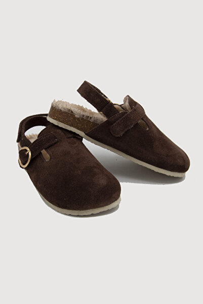 Beybium Genuine Suede Leather Cork Sole Children's Fur Sandals Brown