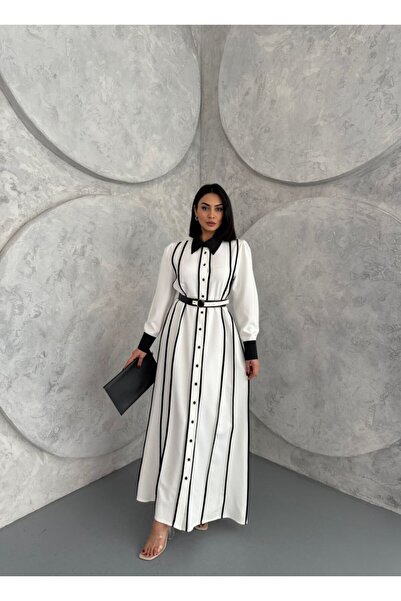 WellWay Atlas Fabric Floral Patterned Shirt Collar Button Detailed White Dress (Belt Included)-42166