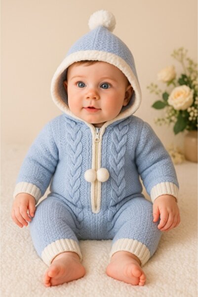 Superbaby Thick knitted blue jumpsuit with hood for babies – winter model