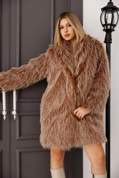 EsSo butik New Season Brown Snap Closure Premium Faux Fur Coat