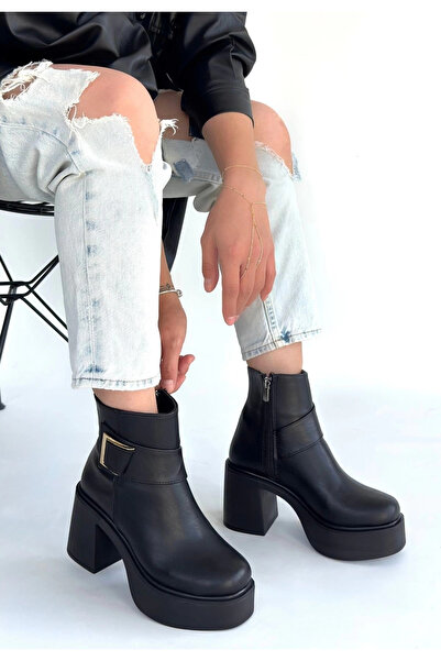 ZENGEZUR MALL Nrzsnt Lonji Black Leather Heeled Boots (02359) (Size: 39)