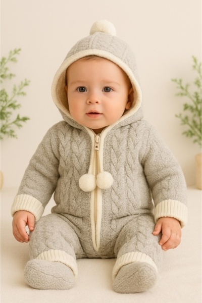 Superbaby Thick knitted gray jumpsuit with hood for babies – winter model