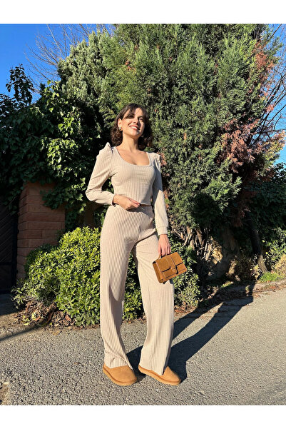 ZENGEZUR MALL Nrzsnt Corded Fabric Princess Sleeve Bottom Top Set Beige (02512) (Size: S)