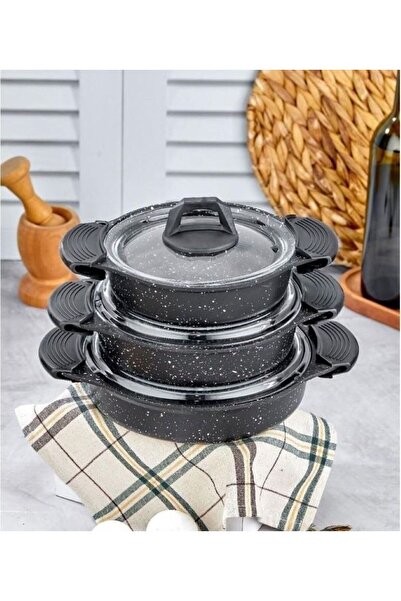 Leony Cast Granite 6 Piece Saucepan Set with Glass Lid 16-18-20 cm