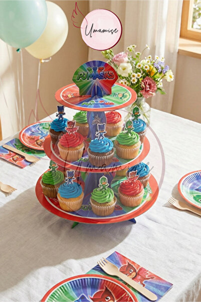 Umamiçe حامل كيك من Pijamaskeliler - حامل عرض أنيق لحفلات أعياد الميلاد وحفلا...