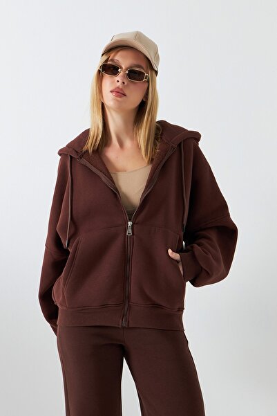 The Champ Clothing Women's Oversized Tracksuit Set with Drawstring Brown – Zippered, Hooded , Elasticated Legs, 3 Thread Pol