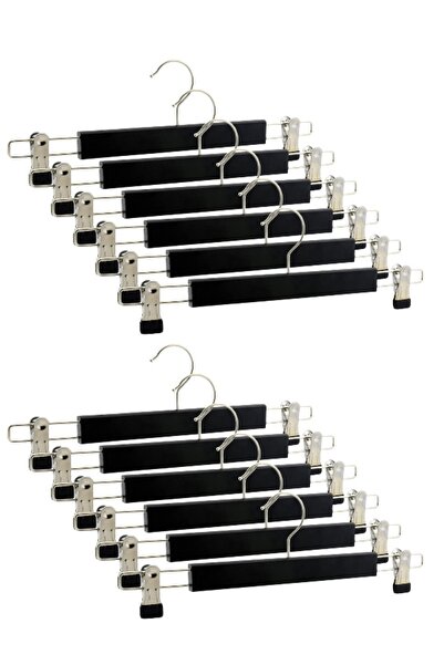 Askı Sepeti 12 adet ahşap pantolon askısı, mandallı etek askısı siyah boyalı ...