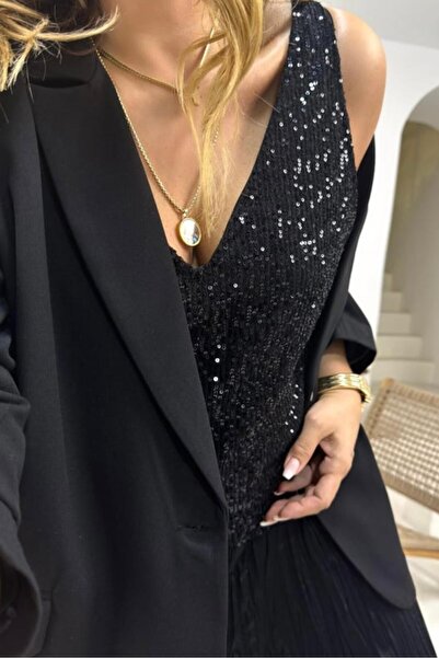 Hisleria Γυναικεία μπλούζα με επένδυση με παγιέτες με λαιμόκοψη σε σχήμα V - Μαύρο