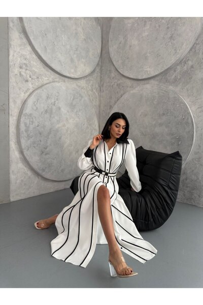 WellWay Atlas Fabric Floral Patterned Shirt Collar Button Detailed White Dress (Belt Included)-42166