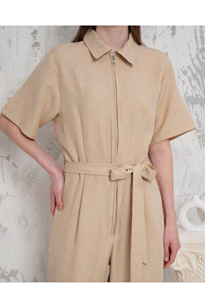 ZENGEZUR MALL Lvsqvr Belted Shirt Collar Loose Jumpsuit Beige S255822 (235438) (Size: m)