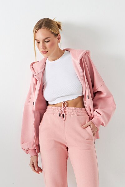 The Champ Clothing Women's Oversized Tracksuit Set Pink with Drawstring – Zippered, Hooded , Elasticated Legs, 3 Thread Fleece