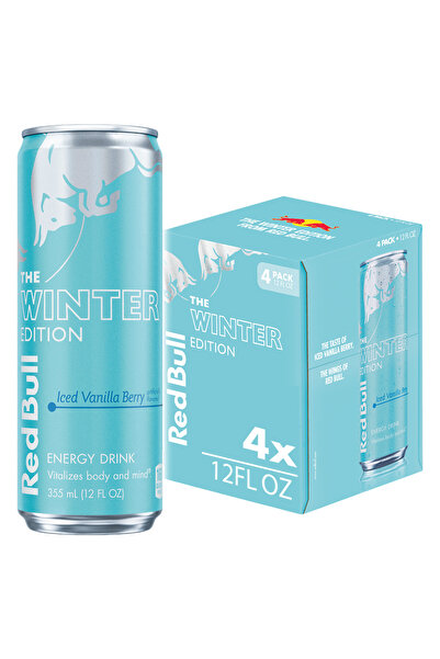 Red Bull مشروب طاقة فانيليا مثلج بنكهة التوت، إصدار الشتاء، عبوة من 4 قطع، علبة سعة 250 مل