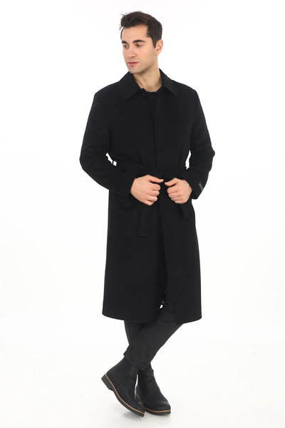 SUİT AYDIN Erkek Siyah Bebe Yaka Kemerli Uzun Palto Kaban