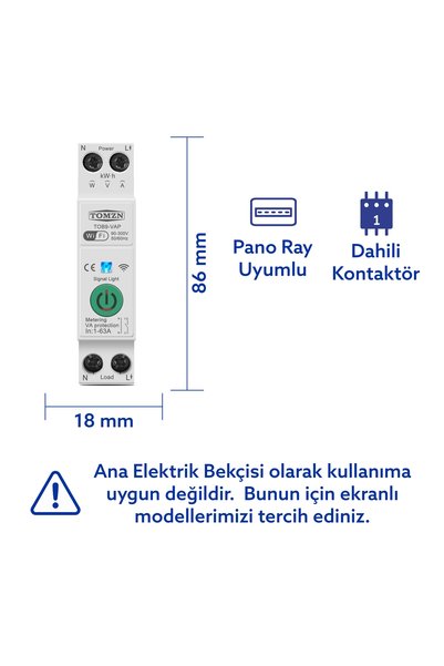 TOMZN Akıllı Voltaj ve Akım Koruma Rölesi, WiFi Özellikli Dahili Enerji Ölçer 63A - Akıllı Sigorta