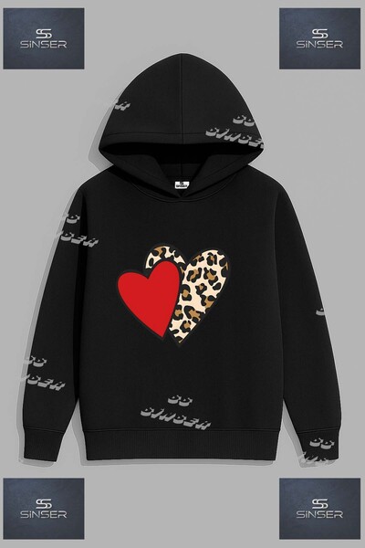 SS SİNSER Φούτερ Unisex με στάμπα  "HEART 2LI RED LEOPARD PATTERN " με κουκούλα