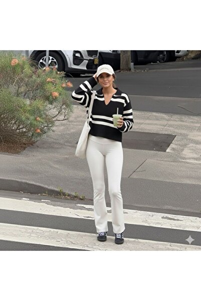 YUGA KNİTTİNG Polo Neck Striped Trend Sweater