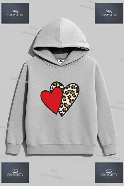 SS SİNSER Φούτερ Unisex με στάμπα  "HEART 2LI RED LEOPARD PATTERN " με κουκούλα