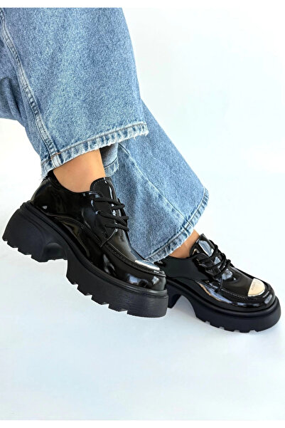 ZENGEZUR MALL Lvsqvr Kiya Black Patent Leather Wedge Heel Oxford Shoes (235443) (Size: 36)