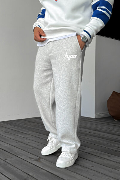 THE RULE Hype Printed Baggy 3 Thread Ş Fleece-Lined Loose Fit Straight Leg Gray Sweatpants Rf0556