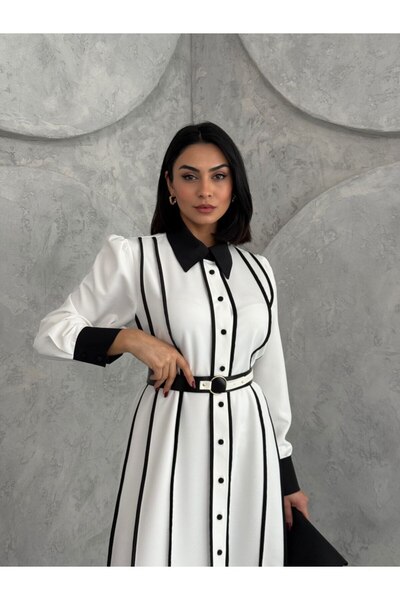 WellWay Atlas Fabric Floral Patterned Shirt Collar Button Detailed White Dress (Belt Included)-42166