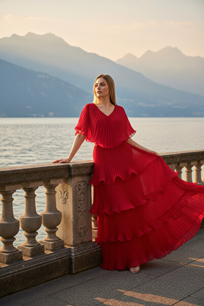 Romina Astra V Yaka Kat Kat Pliseli Uzun Şifon Abiye Elbise