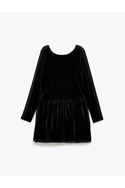 Koton Δαντέλα Λεπτομερές μακρυμάνικο φόρεμα με φαρδύ λαιμόκοψη Βελούδο