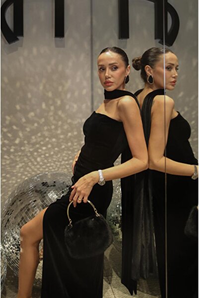 Havoş Rochie din catifea cu fantă cu detaliu șal negru