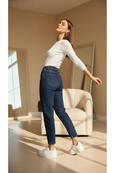 geenz manifacture Navy Blue Sky Stretch Fabric Stretchy Mom Jeans Denim Trousers