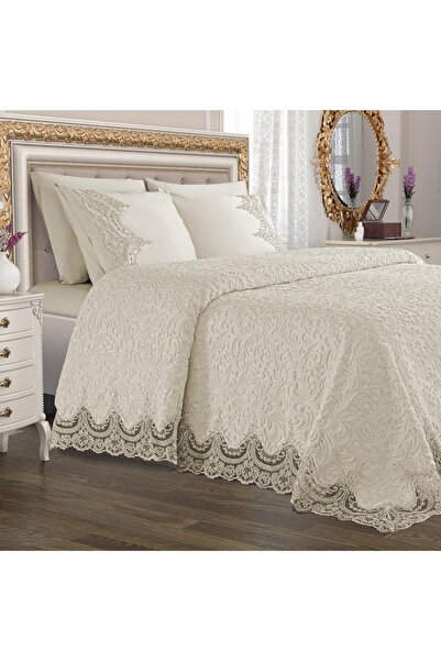 Lenjeria Familiei Tale Luxury Quilted Duvet Cover Set with Elegant Lace, 6 pieces, 2-person bed, Cream