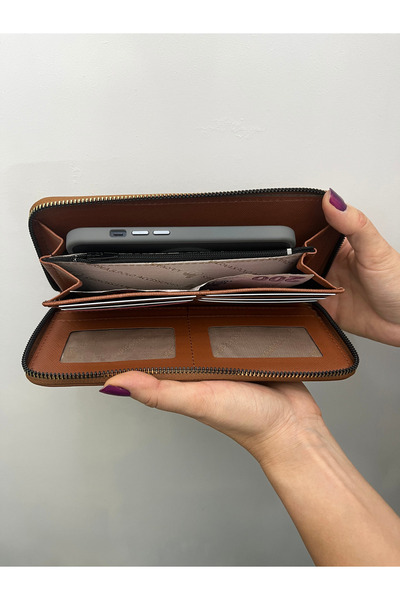 shiny ever Large Size Leather Women's Wallet Handbag with Phone Compartment, Tan Gold Detail