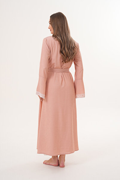 Lohussa Dark Salmon Woven Full-Length Gown with Flared Sleeves, Special Design Maternity Nightgown Set