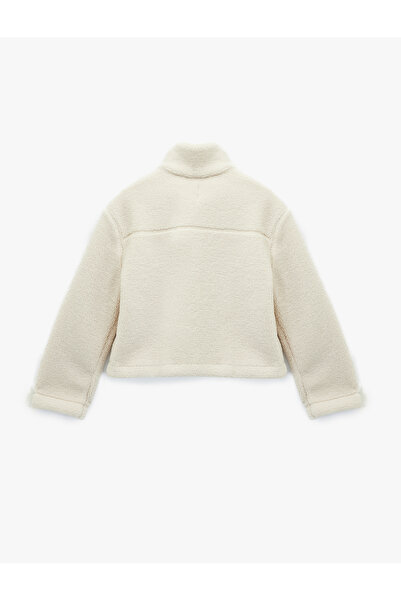 Koton Mock Neck Crop Plush Coat with Pockets, Long Sleeves and Zipper