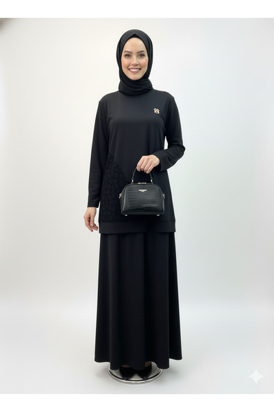 CELTMODA Women's Brocade Detailed Hijab Skirt Set - Black L