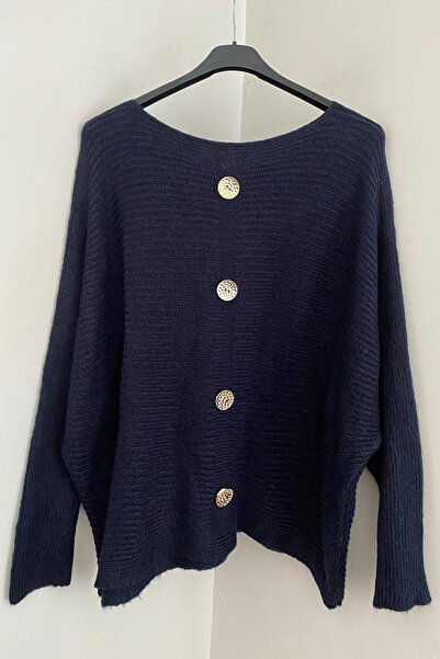 AYASOFYA OTANTIK Women's Italian Navy Blue Plain Pattern Back Button Detailed Casual F Corded Fabric Sweater Blouse